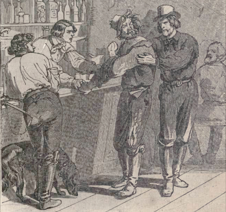 The idle miner rebuffs his friend's attempt to get him out of the saloons and gambling halls.