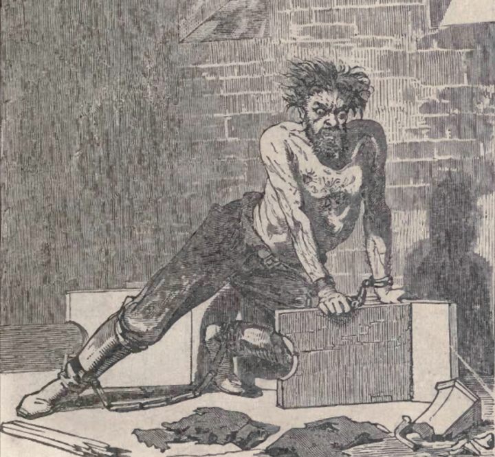 Chained in a cell, the idle miner goes mad.