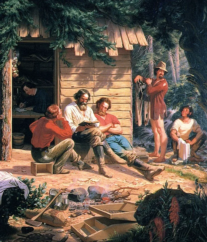 It is the Sabbath: tools of work are put aside; one man writes a letter home; two others wash and clean their tattered clothes; another reads from the Bible to his cabin-mates.