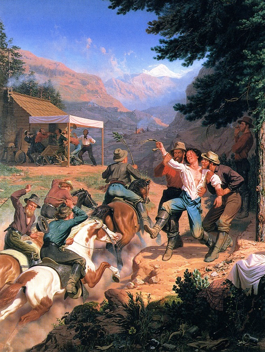 On the left: One man smokes idly; four others race madly into camp; two crooks get ready to fleece a drunken miner of the gold that flies from his open sack; in the back, a murderous fight has broken out at the gambler's cabin.