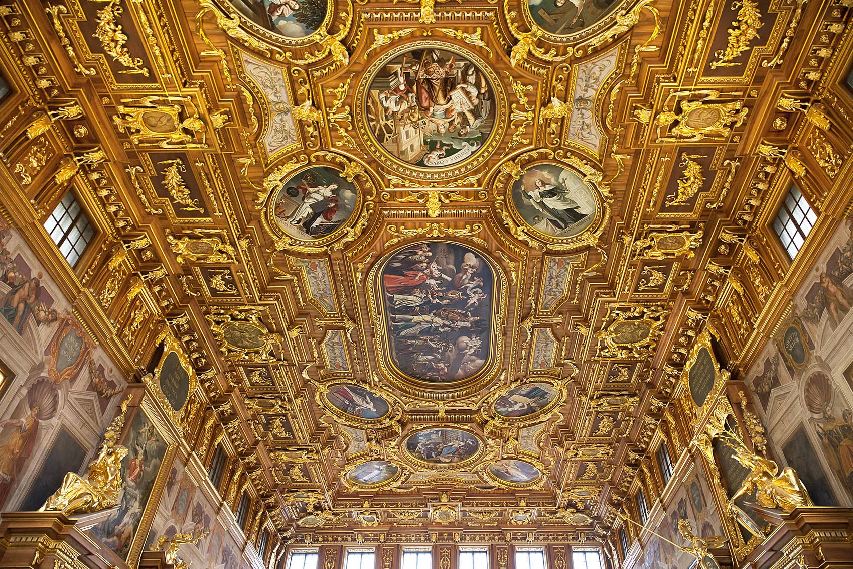 Golden Room Ceiling Mostly destroyed by bombing in World War II, the hall was restored, 1980-1985 The full story of the room's construction, reconstruction and patterns of symbolism in the paintings can be found here: http://de.wikipedia.org/wiki/Goldener_Saal