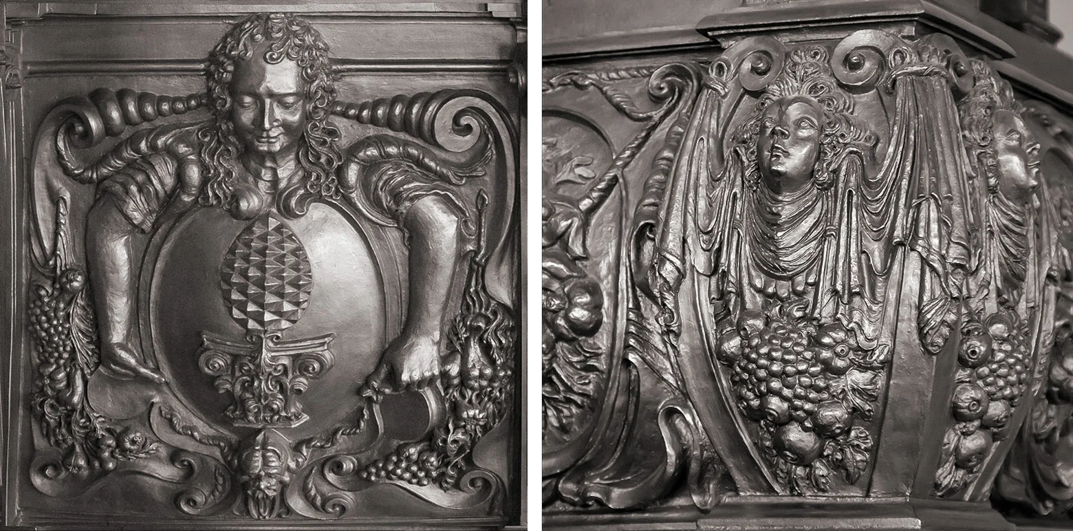 Details of stove in the Prince's Room (photo by Rainer Fritz) -- note the Augsburg pinecone atop the ionic capital in the left panel)