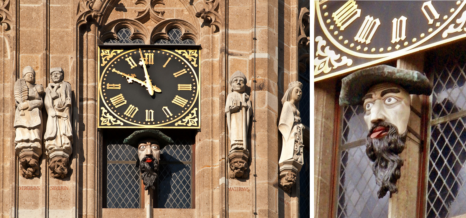 Platzjabbeck, the grotesque face that sticks out his tongue on the hour With Saints Evergisius, Severin, and Maternus (first bishop of Cologne)