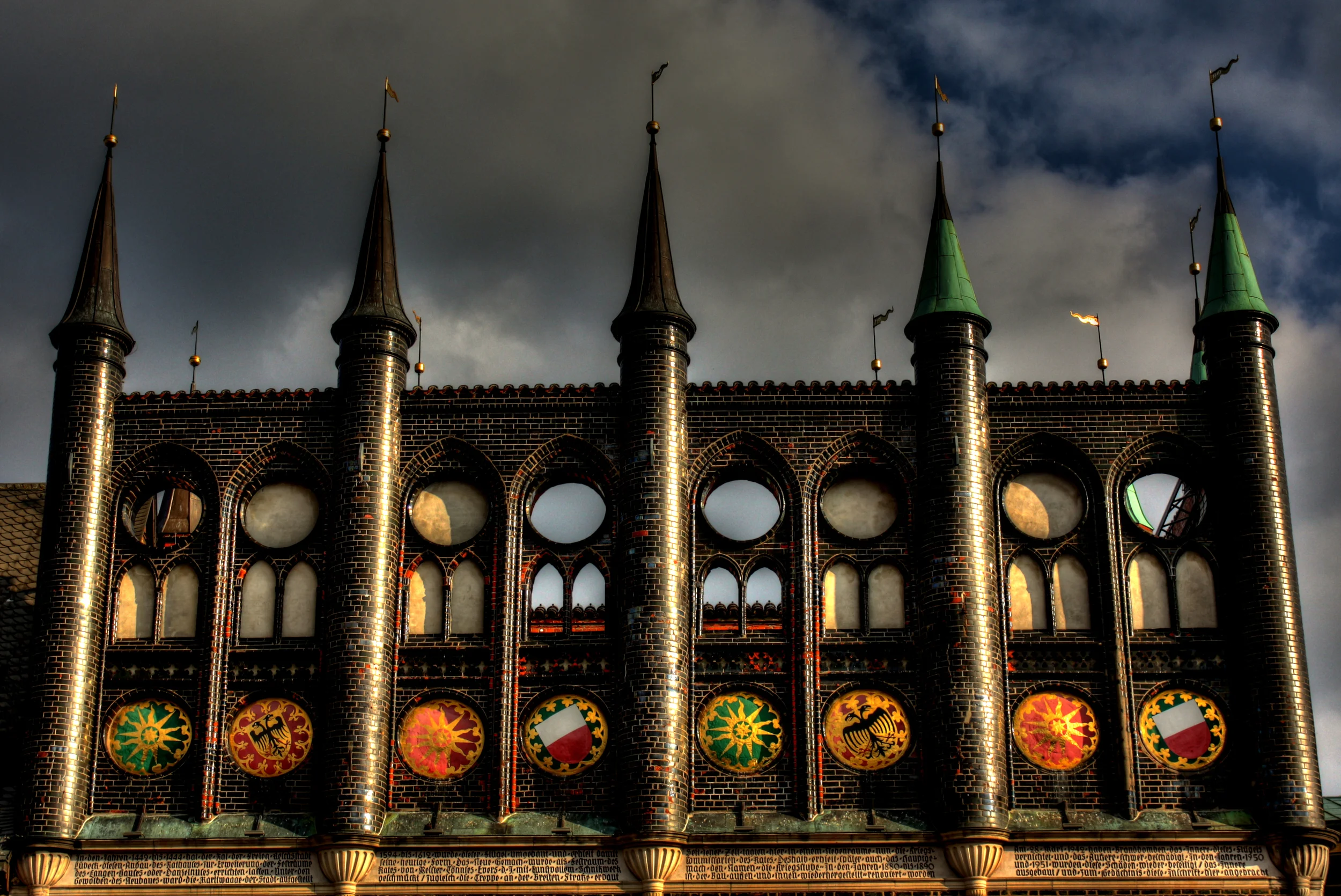 Dramatic HDR image of the towers and shields (photo by Square Eyes)