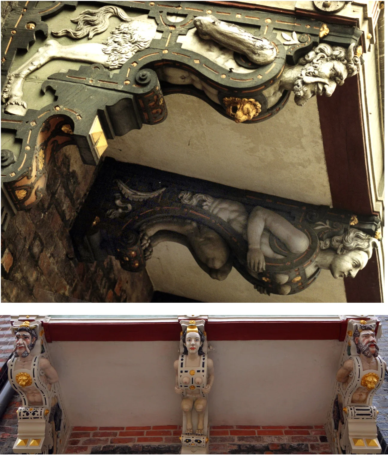 Two views (unrestored and restored) of the balcony volutes (top photo by groenling)