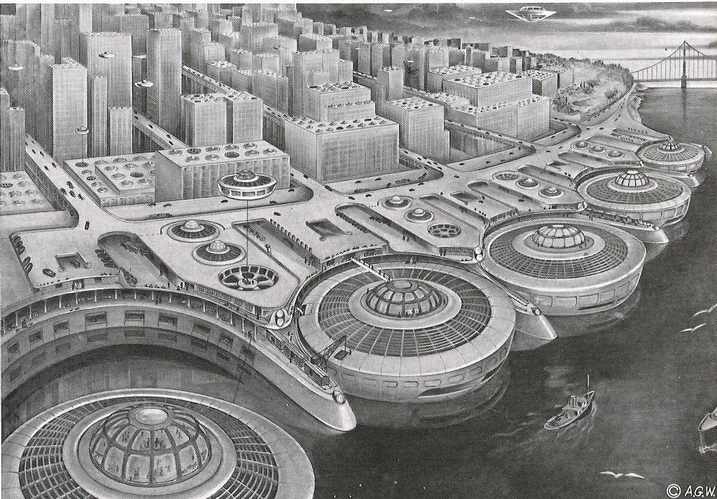 The future look of San Francisco as imagined in 1975 by Alexander Weygers in 1950. The artist had received a patent for his "discopter," and pictured the city with wharf-side, and rooftop landing spaces for his futuristic vehicles