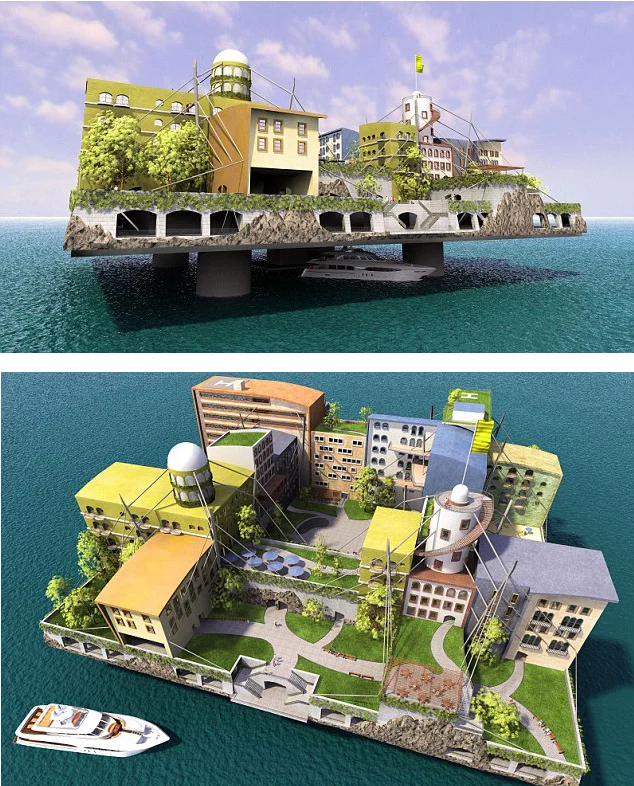 Two views of Paypal founder Peter Thiel's plan for a floating city off the coast of San Francisco, 2011 (Renderings: dailymail.co.uk)