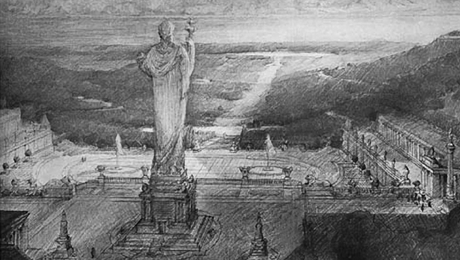 The Burnham Athenaeum (1905) looking west over Lake Merced "The Athenaeum, so called, should receive some few of the greatest works of art. It would consist of courts, terraces and colonnaded shelters. These latter would be arranged after the manner of the great Poecile of the Villa Hadrian. This consists of a wall so built as to collect the warmth of the sun and afford protection from the wind." -- James Burnham