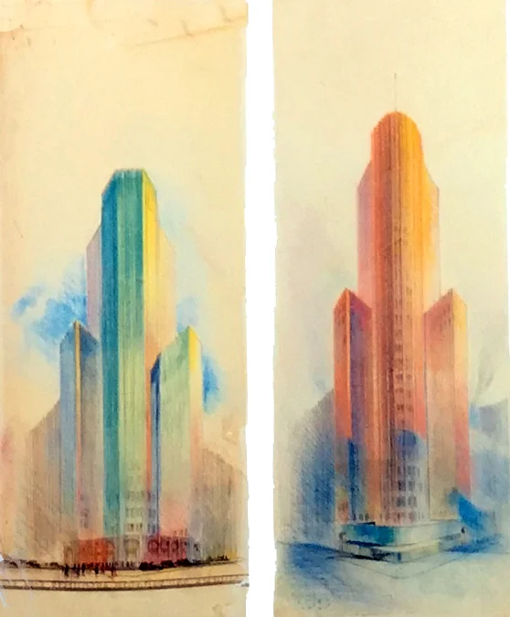 Tinted skyscrapers for San Francisco (Timothy Pflueger, left and Hugh Ferriss, right) 1920s