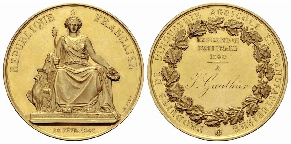Exposition medal designed by Antoine Bovy The date on the front denotes the founding of the Second Republic