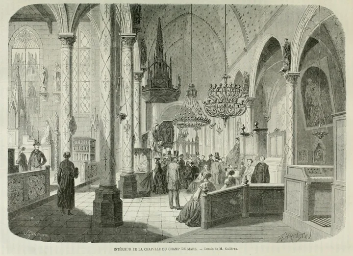 The journalist Paul Bellet commented on the irony of a Catholic Church standing on the Field of Mars ( Champ de Mars ) at an industrial exposition.