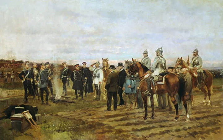 Edouard Detaille, "Sale of the Hostages " -- French officials bargaining with Prussian officers for the return of wounded soldiers, 1878