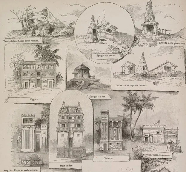 Drawings of some of the "History of Habitation" buildings ( click HERE for a larger view )