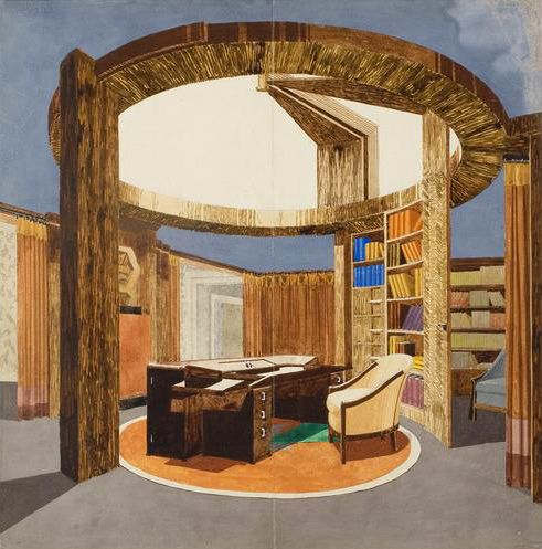 Office in the Ambassade (gouache and pencil by Pierre Chareau, 1925)