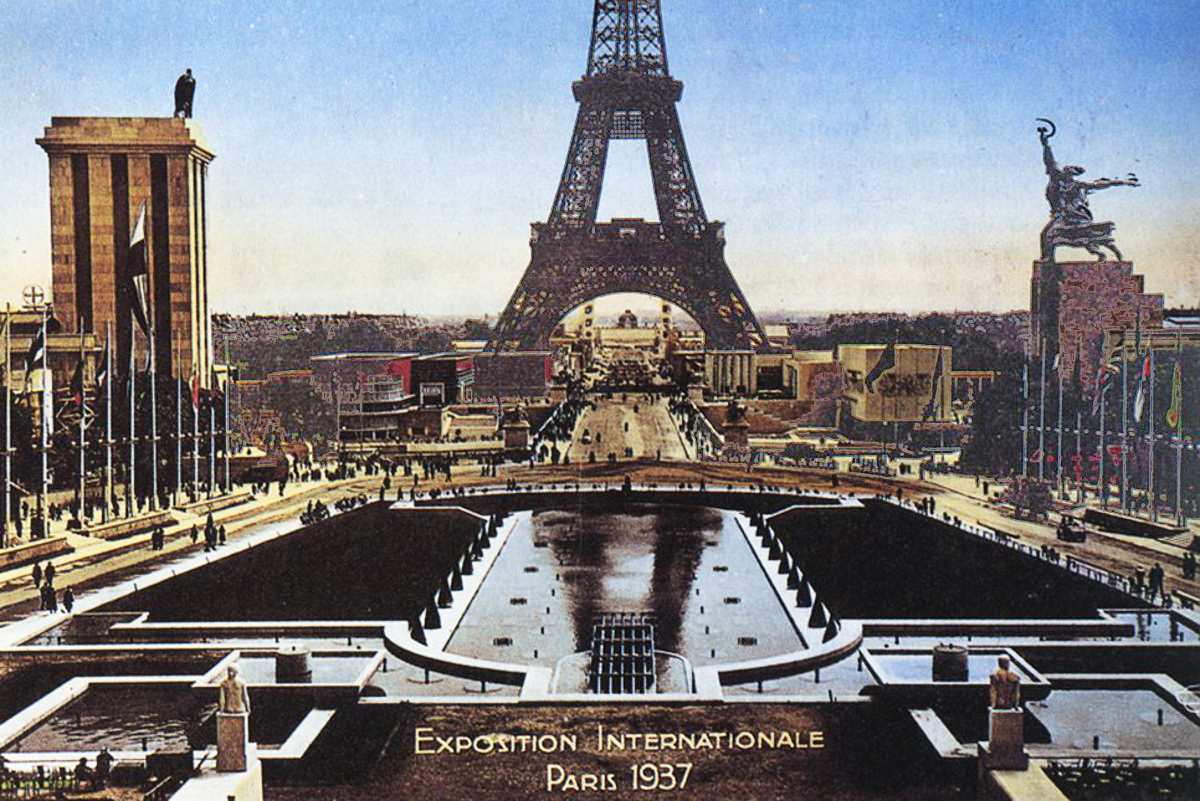 The Russian and German Pavilions oppose each other at the 1937 Exposition ( click the image for a lightbox view )