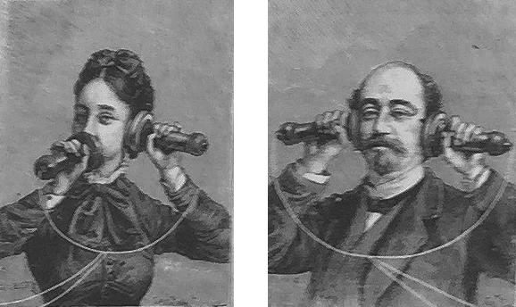 Speaking and listening at the telephone pavilion -- stereophonic listening on the telephone would return with cel phones earbuds a century later