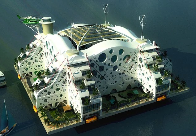 Three views of Paypal founder Peter Thiel's plan for a floating city off the coast of San Francisco, 2011 (Renderings: dailymail.co.uk)