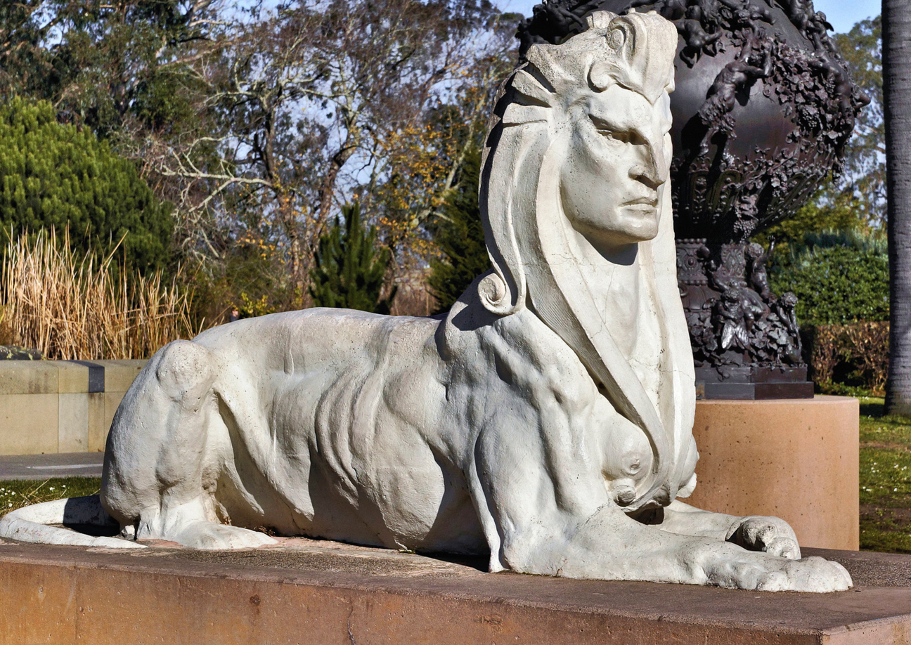The facial features Arthur Putnam's Sphinx (seen today with the Doré vase in the background) were modeled on those of his friend, Alice Klauber
