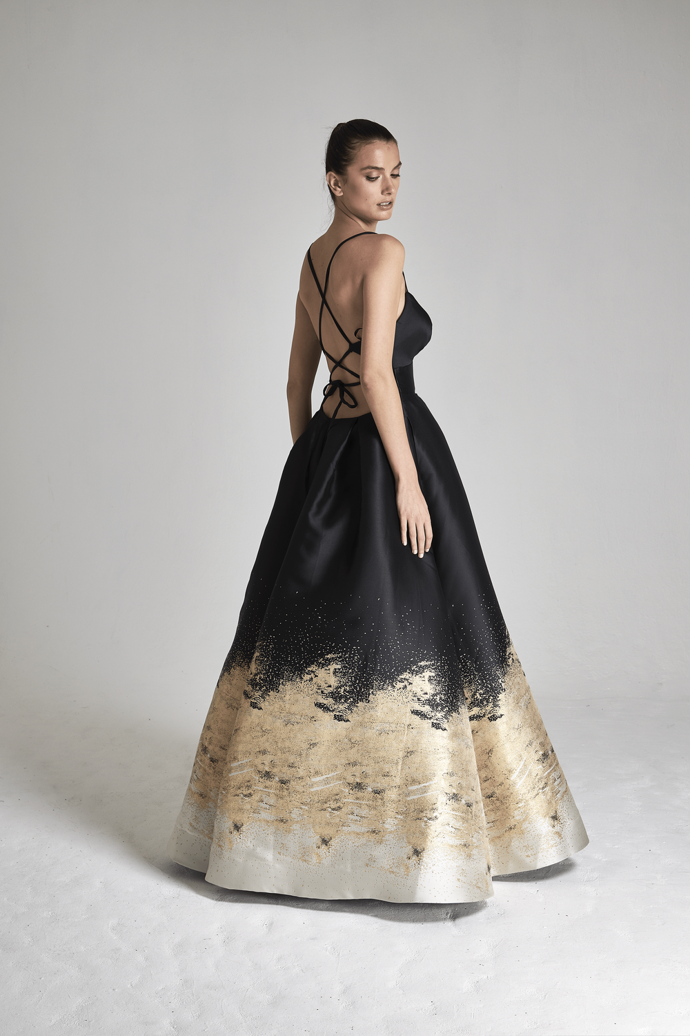 park 108 - m343 floral embroidered high low a-line dress Gold Lace Sequin Embroidered Hiajb Bridal Ball Gown Muslim Dress Black / 44 main image 1