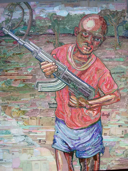 Child soldier, by C.K.Wilde, currency collage
