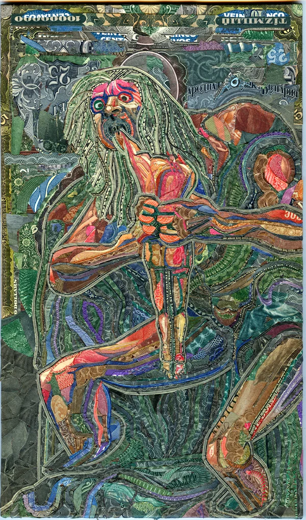Saturn eating his child, after Goya by C.K.Wilde, currency collage