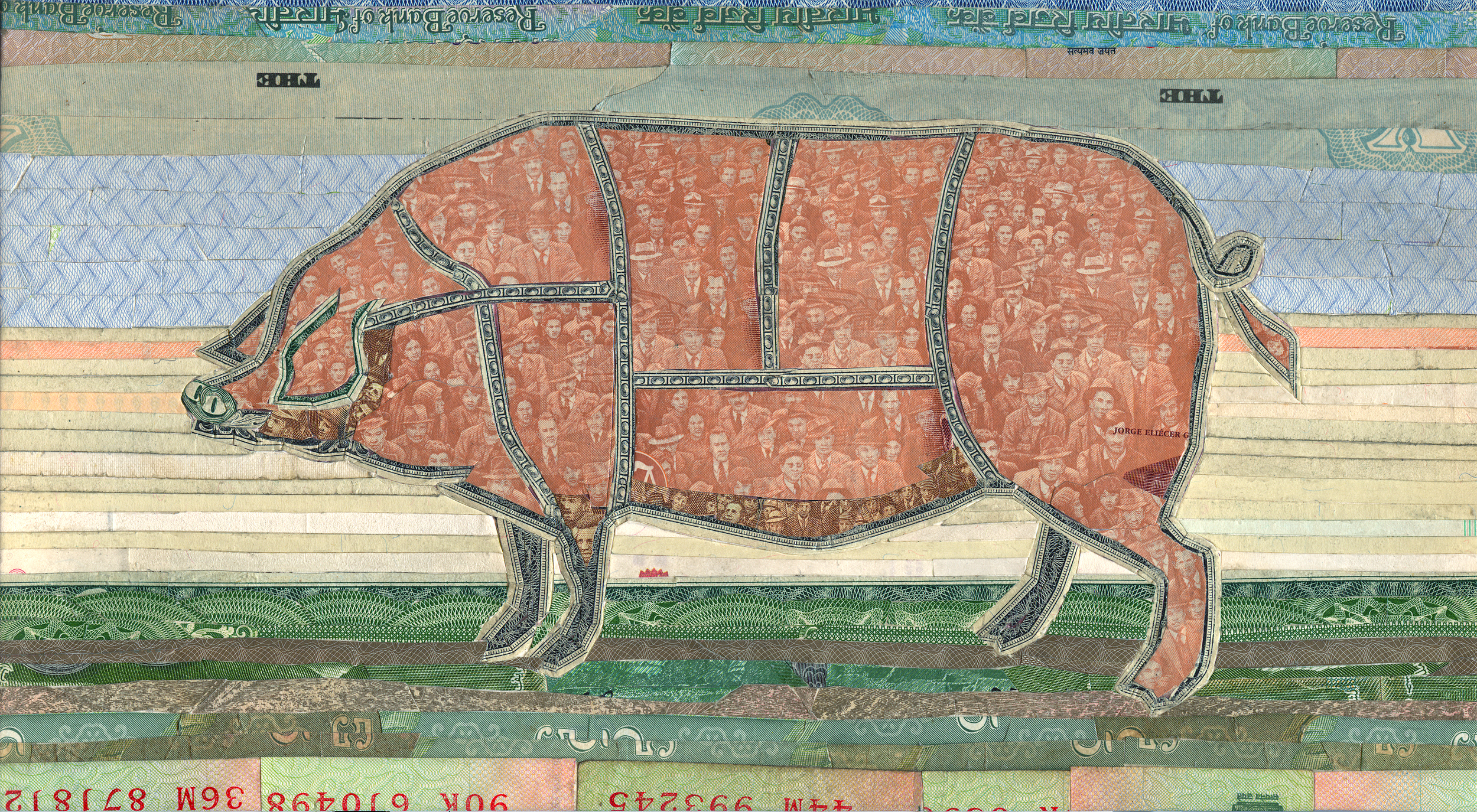 Porcine leviathan by C.K.Wilde, currency collage