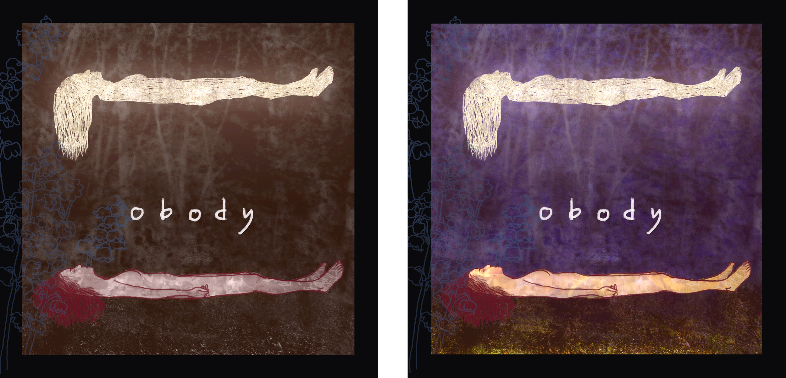 Collaboration with Peter Vincent. Album cover variants for Is A Bridge / A Ready Place by Obody. Vinyl, CD, cassette, and digital release for Already Dead Tapes and Records. 2016.