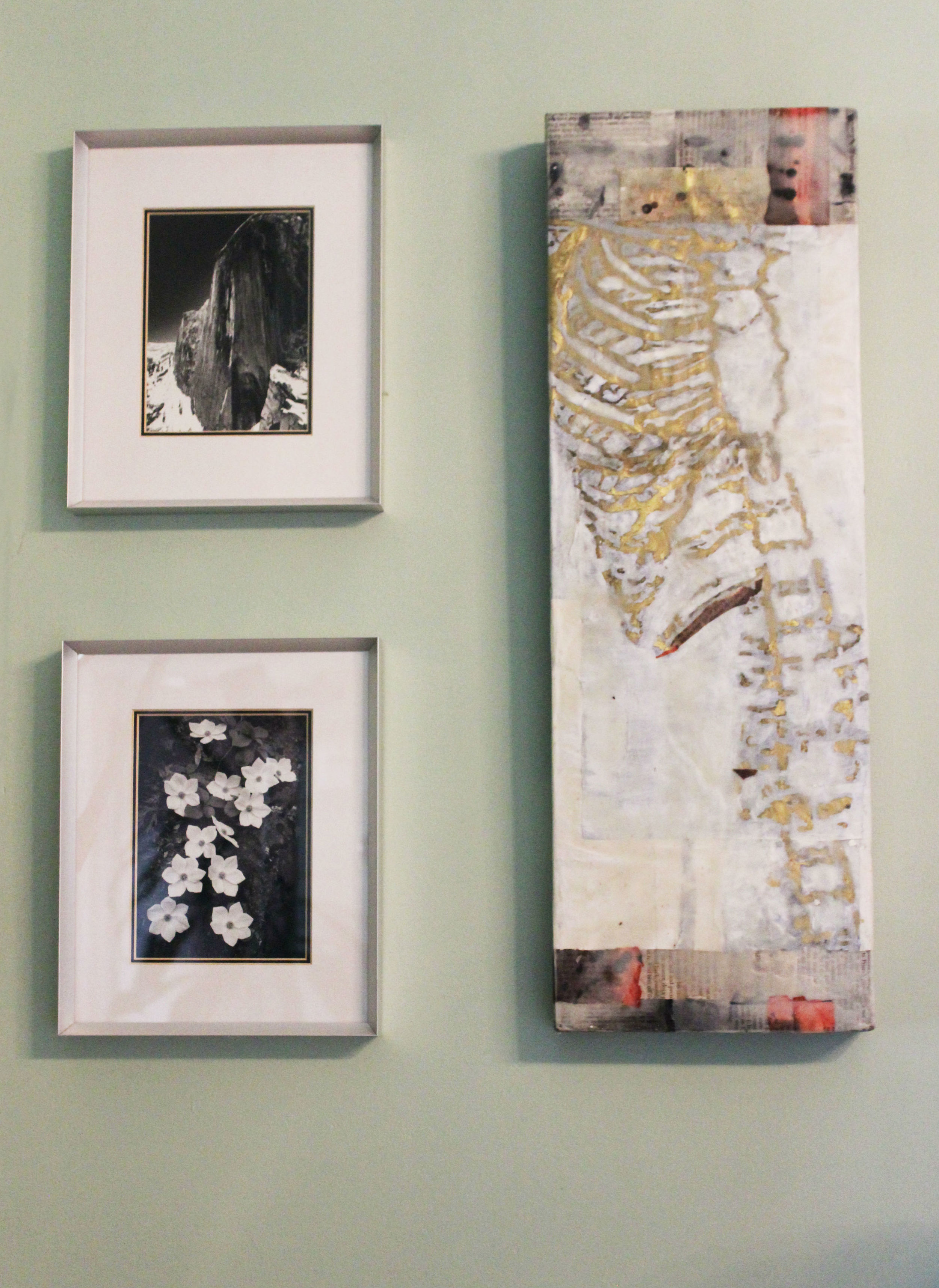 Rectangular: Creating creative shapes is a great start for smaller groupings. The smaller framed works pair well with the encaustic artwork for an eclectic yet modern fit, and their rectangular` format is very classic and alluring. 