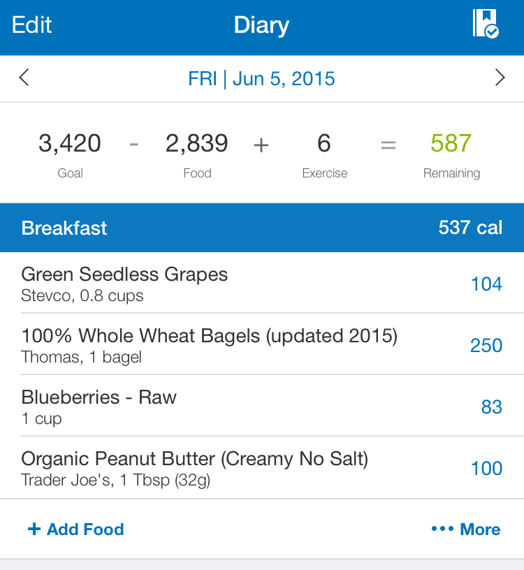  Example of a meal entry in MyFitness Pal 