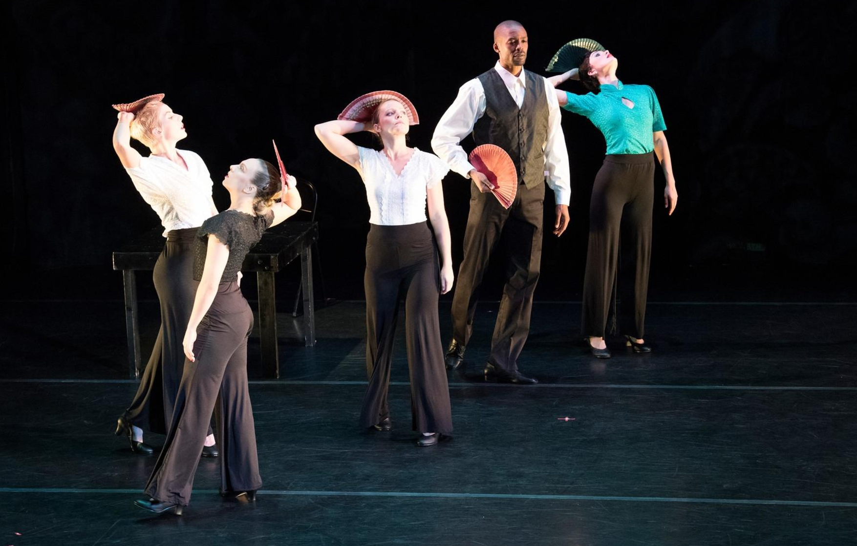 (From left) Claudia-Lynn Rightmire, Melissa Coleman Sperber, Melissa Hull, Jahrel Thompson and Natalie Robinson in Samantha Pazos' "Lorca, leave the balcony open." / Photo by Cliff Roles