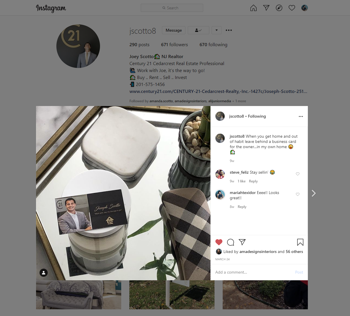 Instagram content featuring new business card photo