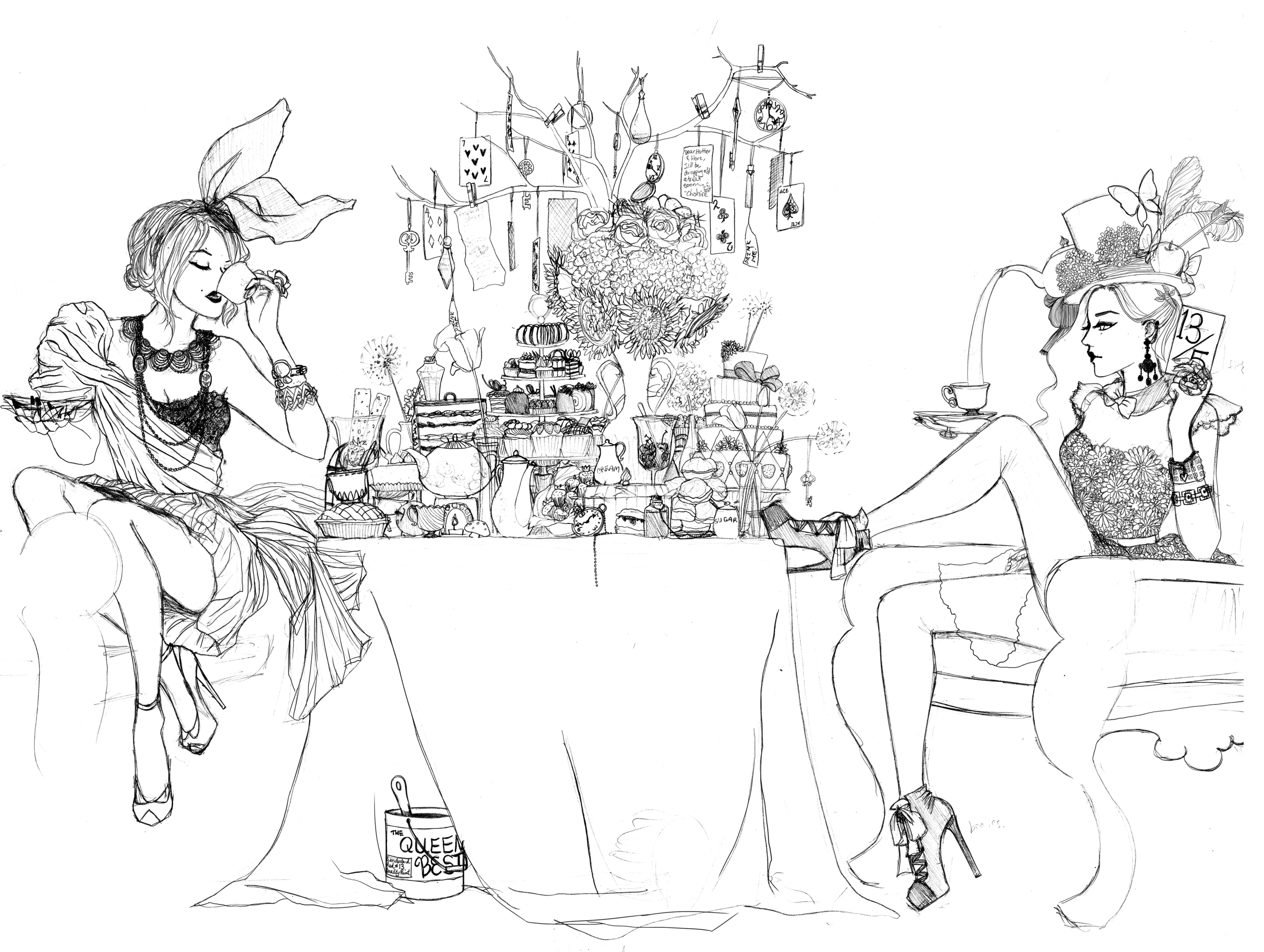 Wonderland Tea Party Pencil on paper 12.5 in x 24.3 in