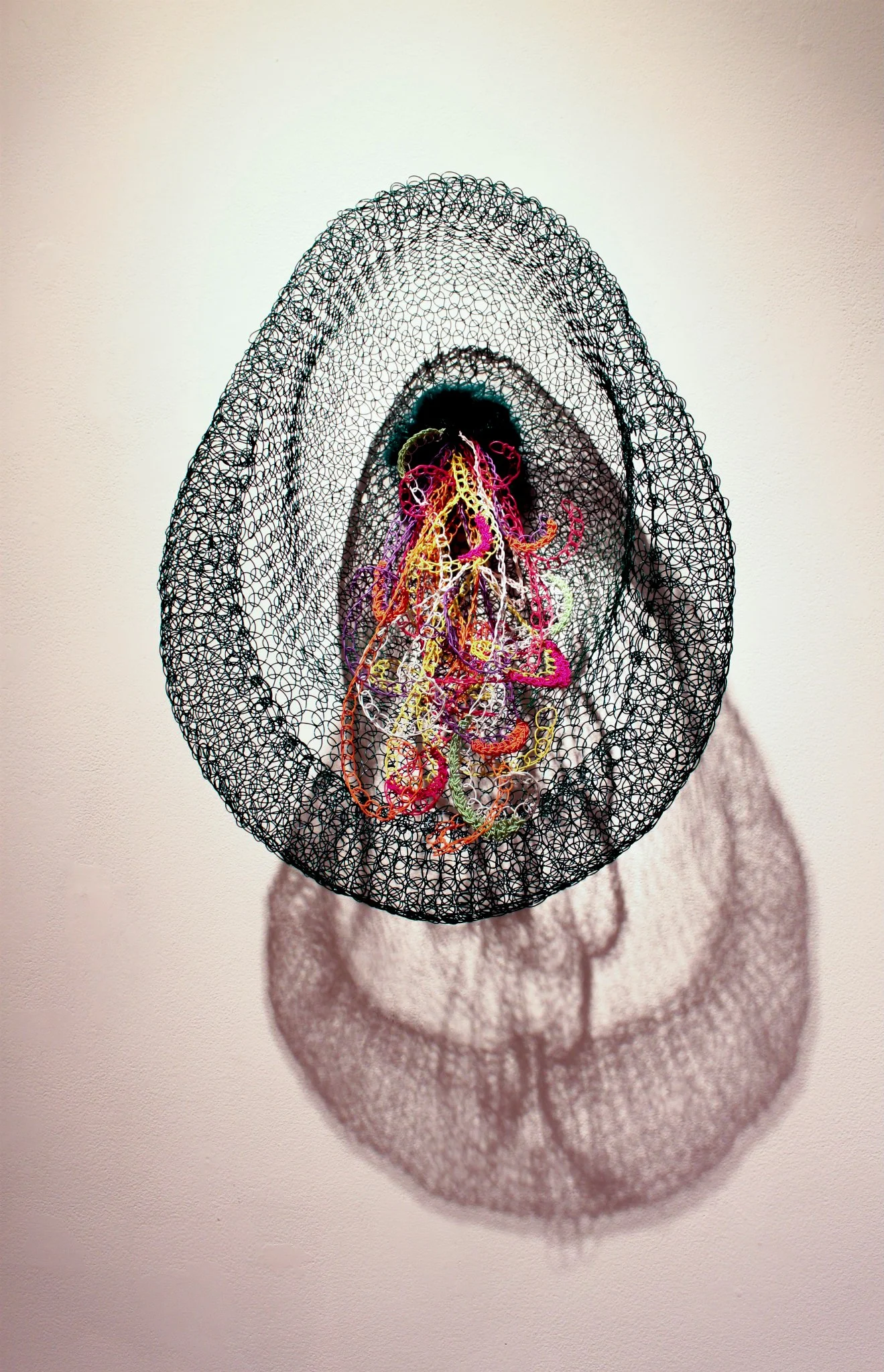 2013, Crocheted wire, reclaimed telephone wire, thread and yarn. 