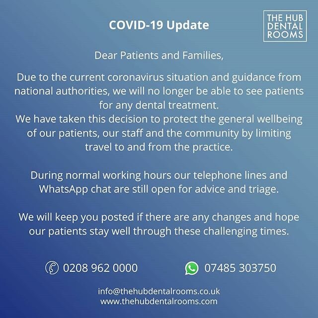 The Latest News @thehubdentalrooms
_____________________________________________
#covid19 #corononavirus #stayathome #savelives #protectyourself #protectothers #emergency #advice #thehubdentalrooms #dental #dentist #london #generaldentristy #england 