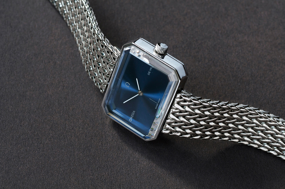 Omega Silver Bracelet, Case with Emerald Cut Crystal