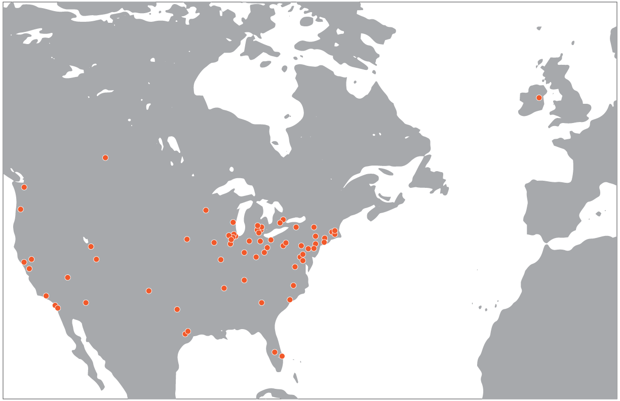 Map of North America showing ACRE clients with orange dots