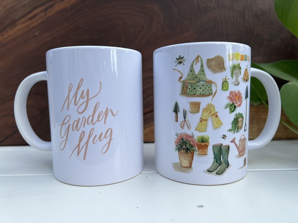 My Garden Mug – 15 oz Ceramic Mug with Watercolor Gardening Illustrations by Emily Deisler