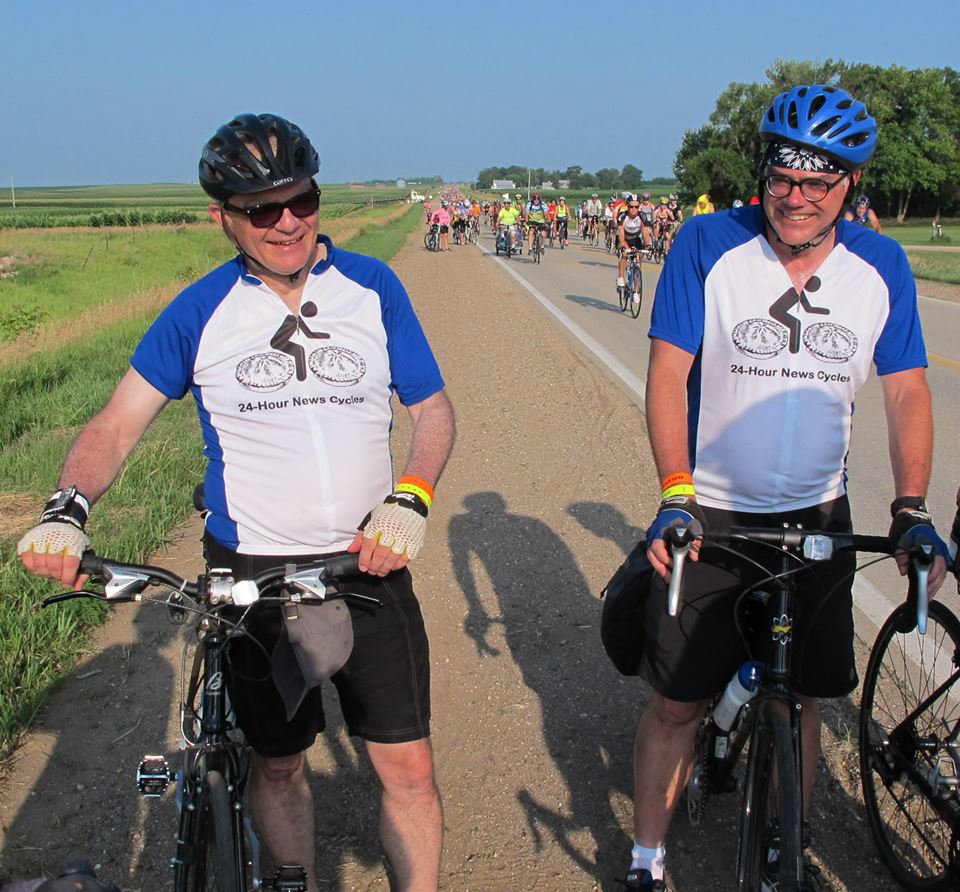 Our friends NPR political correspondents Don Gonyea and Scott Horsley wearing "No Pie Refused" cycling jerseys.