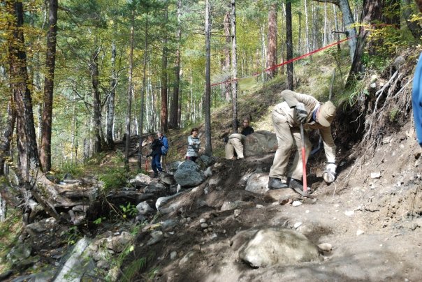 Volunteers of the Great Baikal Trail Association construct a new route near the village of Arshan.