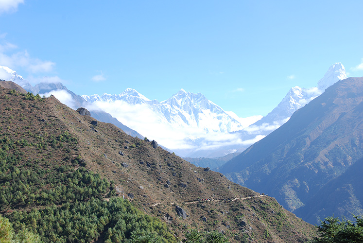 Everest summit (center left) from above Namche Bazaar