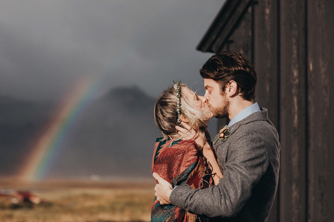iceland-wedding-first-kiss-rainbow