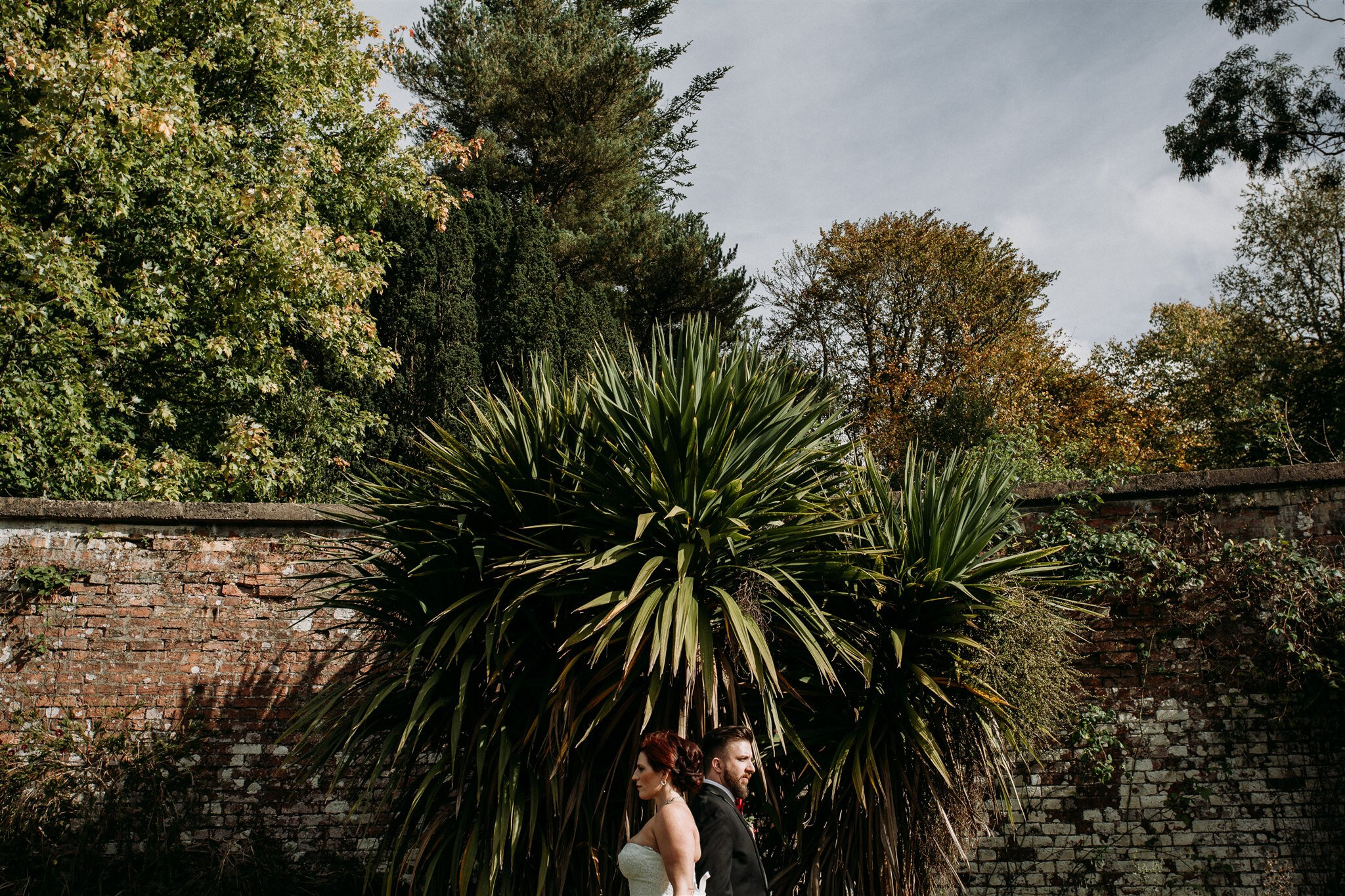 bride and groom under palm tree