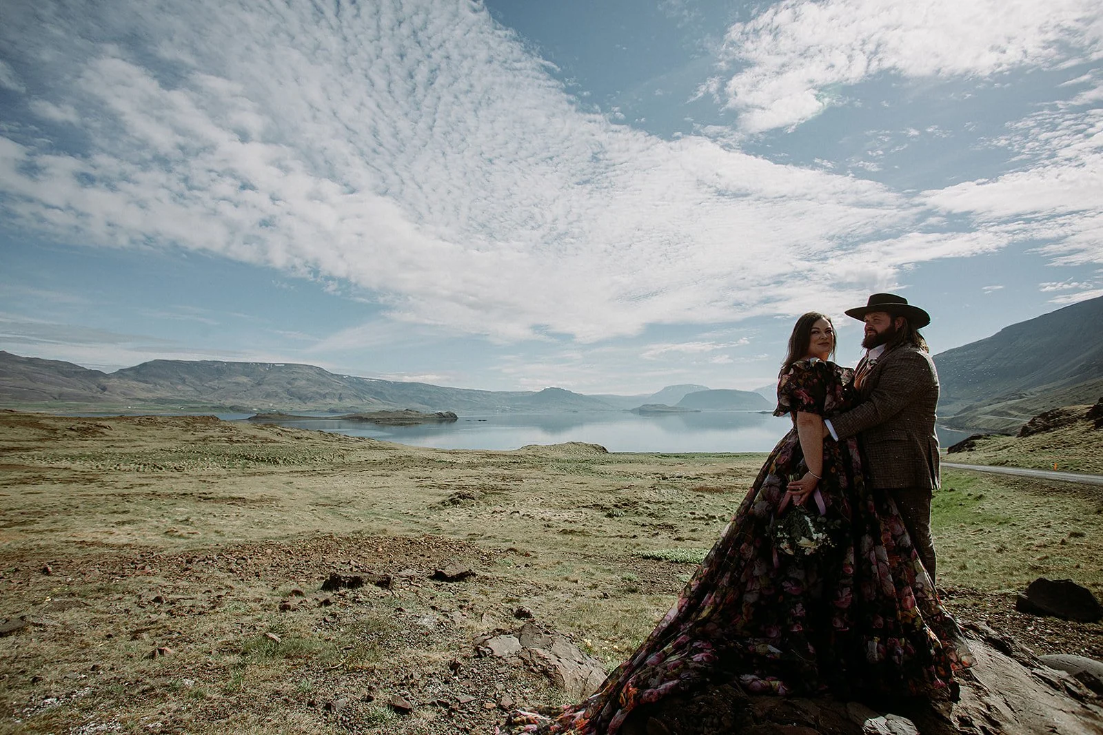 private Iceland elopement in black wedding dress couple