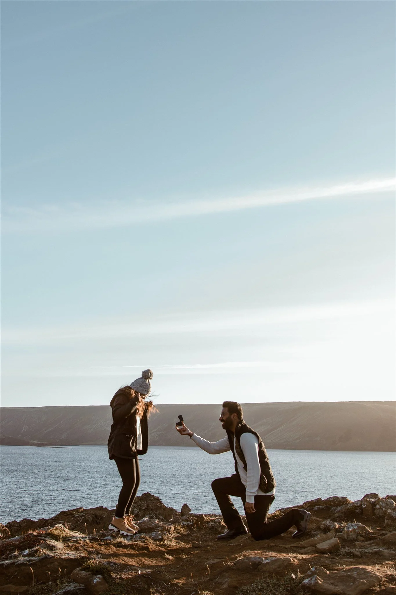 A secret Iceland proposal at sunrise with an excited bide to be.