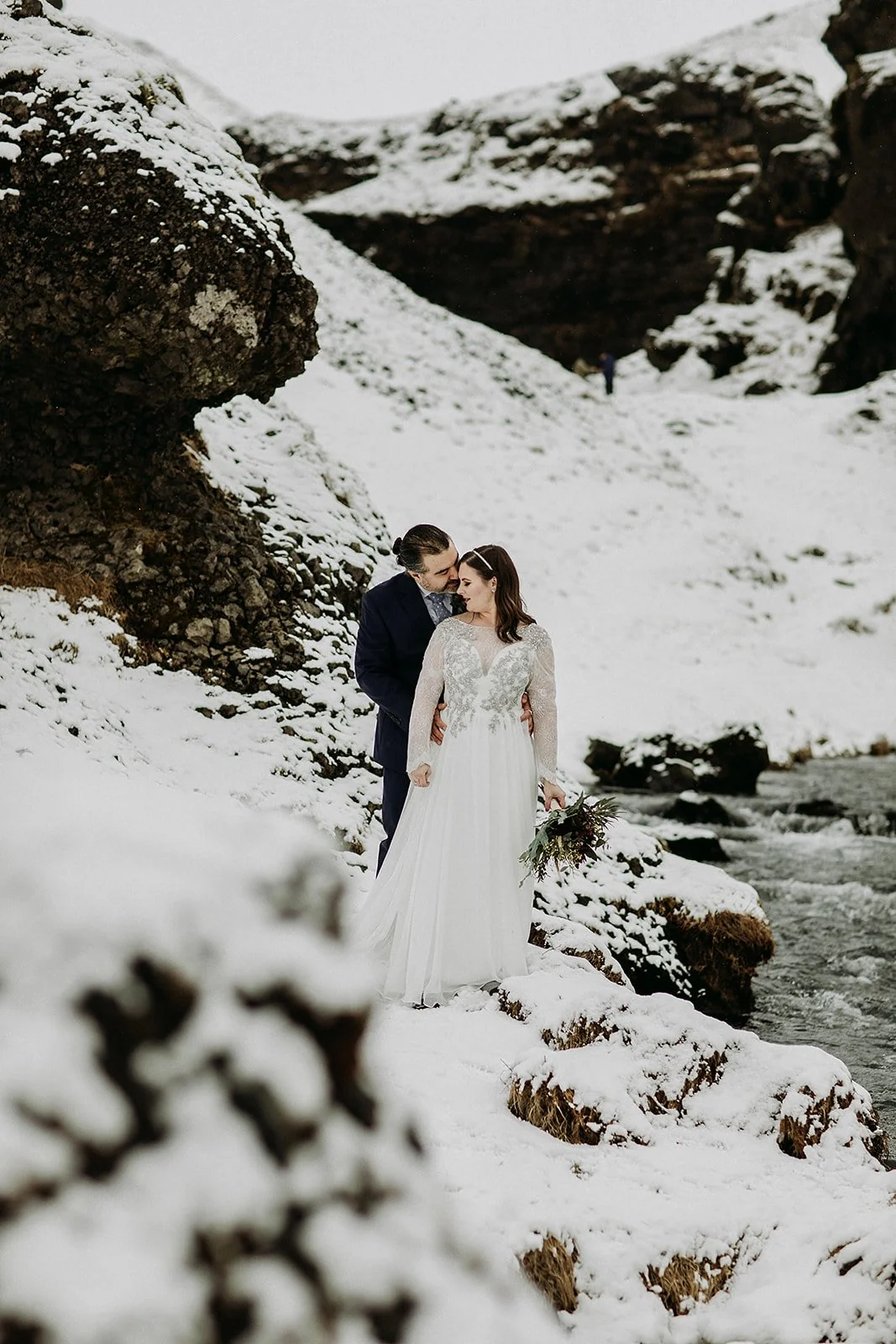 A Winter Iceland Elopement at Skógafoss (Skogafoss) and Glacier — couple at waterfall