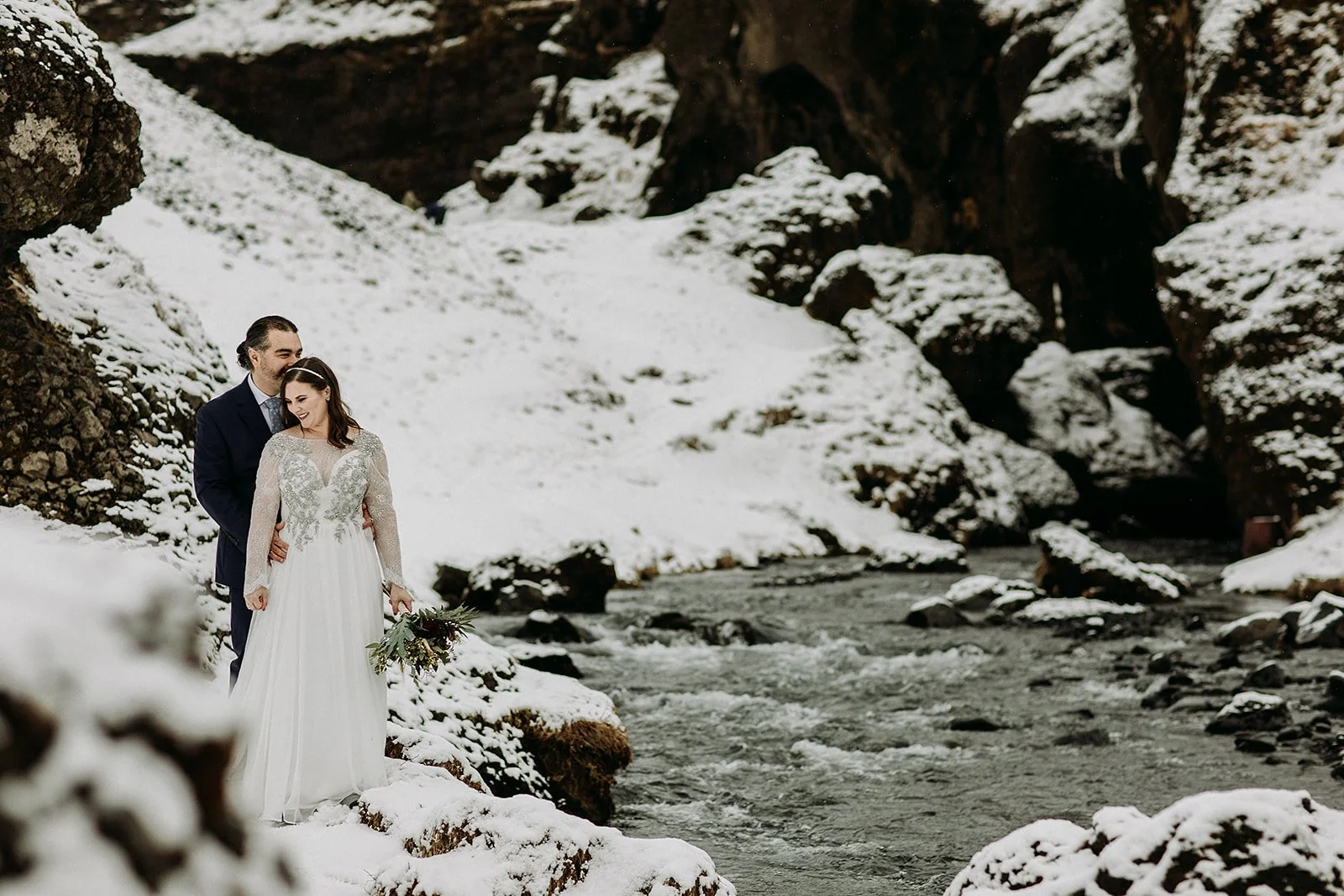 A Winter Iceland Elopement at Skógafoss (Skogafoss) and Glacier — couple at waterfall