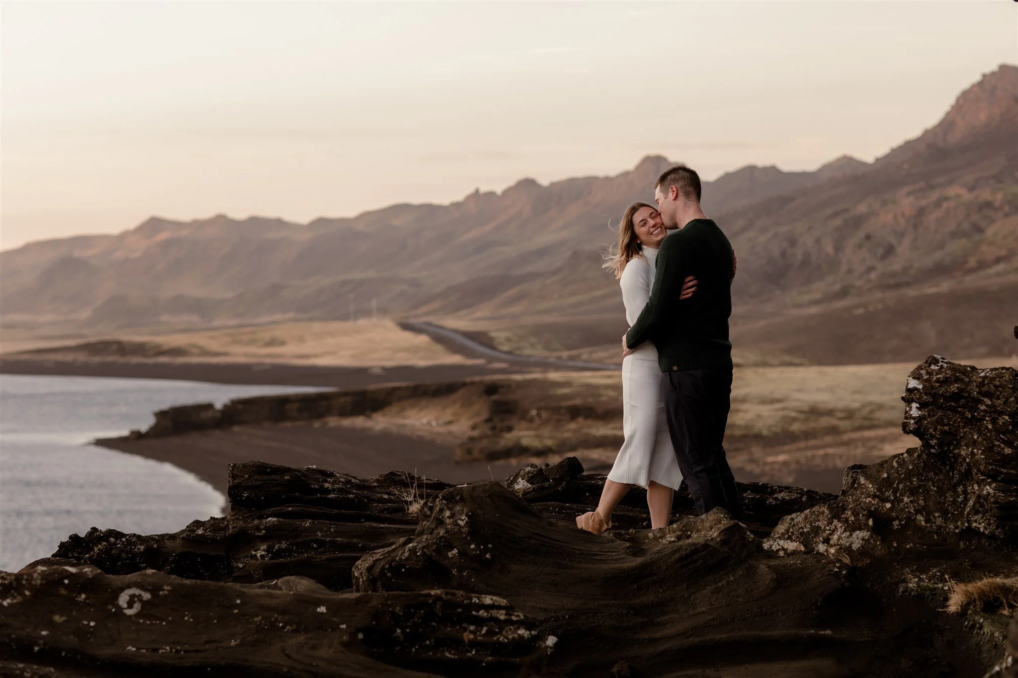  Iceland engagement photo with sunrise dreamy light with couple by water by Iceland engagement proposal photographer steph zakas 