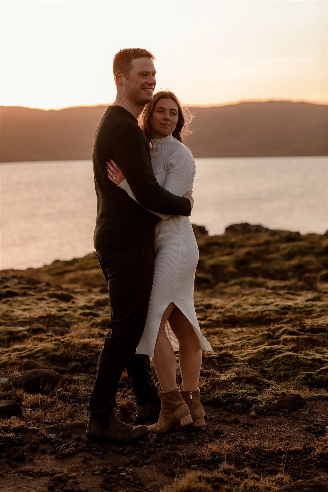  Iceland engagement photo with sunrise dreamy light with couple by water by Iceland engagement proposal photographer steph zakas 