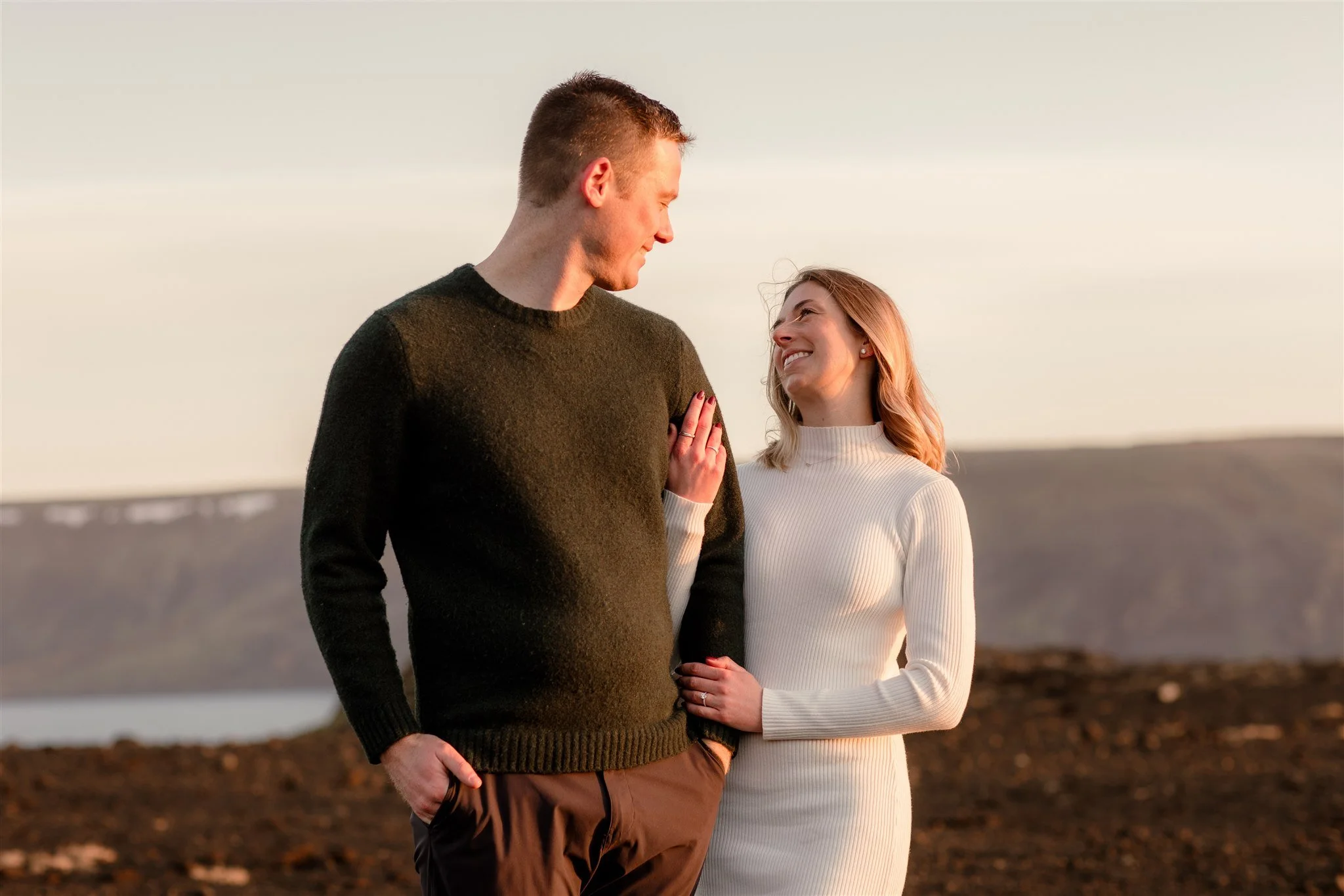  Iceland engagement photo with sunrise dreamy light with couple by water by Iceland engagement proposal photographer steph zakas 