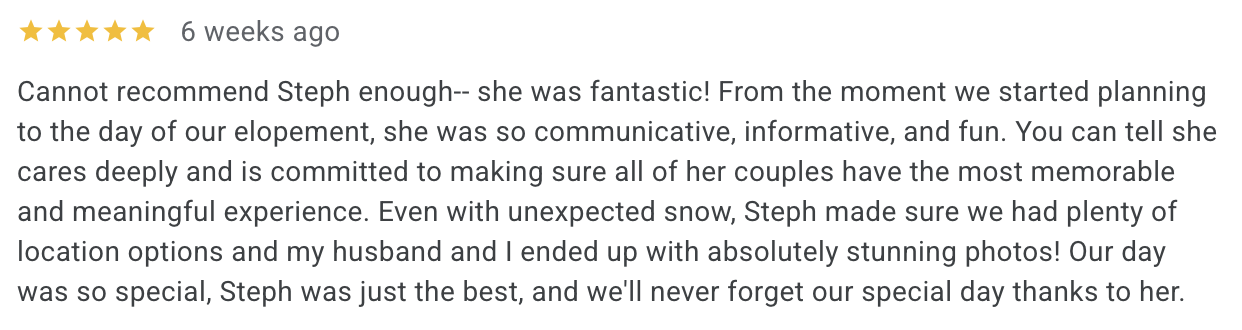 image Iceland elopement photographer review ''Cannot recommend Steph enough for Iceland elopement-- she was fantastic! From the moment we started planning to the day of our elopement, she was so communicative, informative, and fun.''